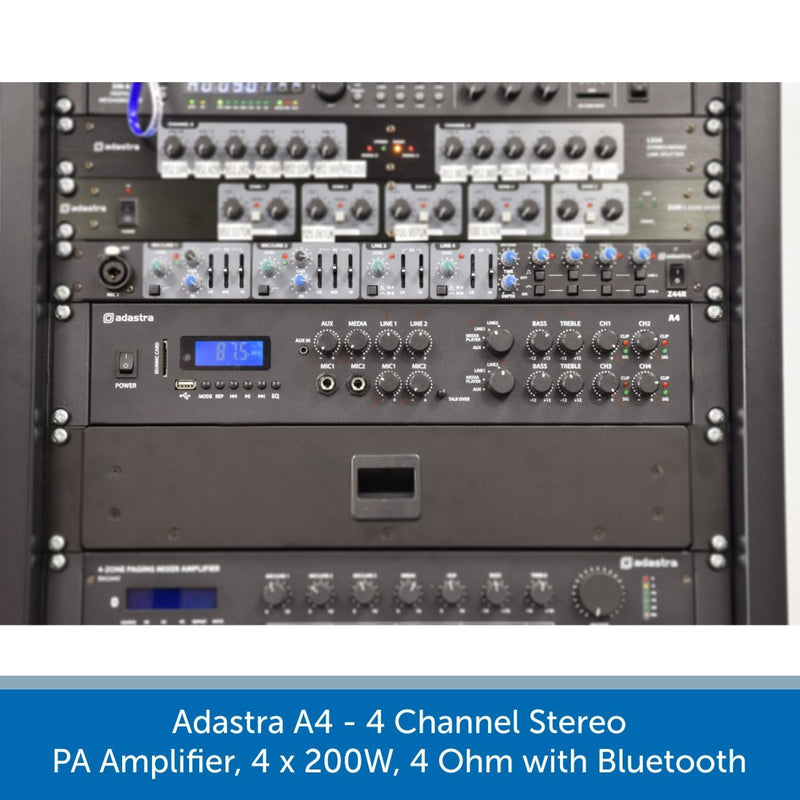 Adastra A4 - 4 Channel Stereo PA Amplifier, 4 x 200W, 4 Ohm with Bluetooth
