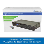 Adastra A4 - 4 Channel Stereo PA Amplifier, 4 x 200W, 4 Ohm with Bluetooth
