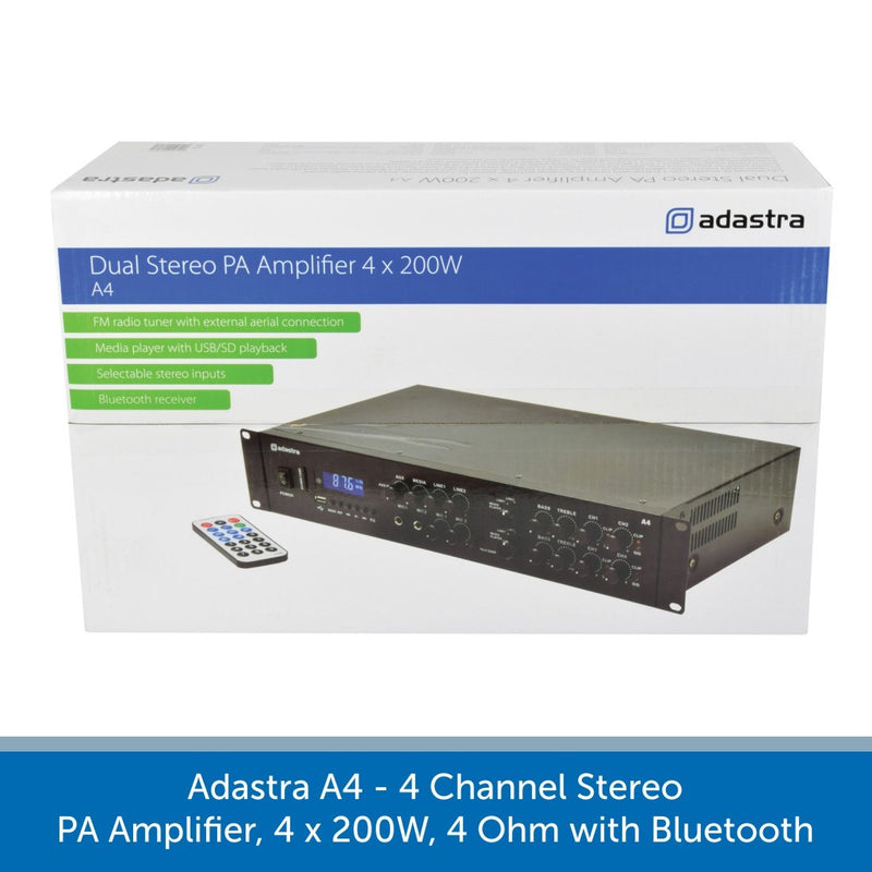 Adastra A4 - 4 Channel Stereo PA Amplifier, 4 x 200W, 4 Ohm with Bluetooth