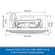 Showing the size of a Adastra CC5V 5.25 inch, 20W, 100V Line & 8 ohm Premium Ceiling Speaker