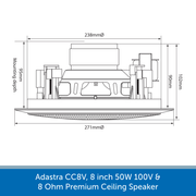 Showing the size of a Adastra CC8V, 8 inch 50W 100V & 8 Ohm Premium Ceiling Speaker