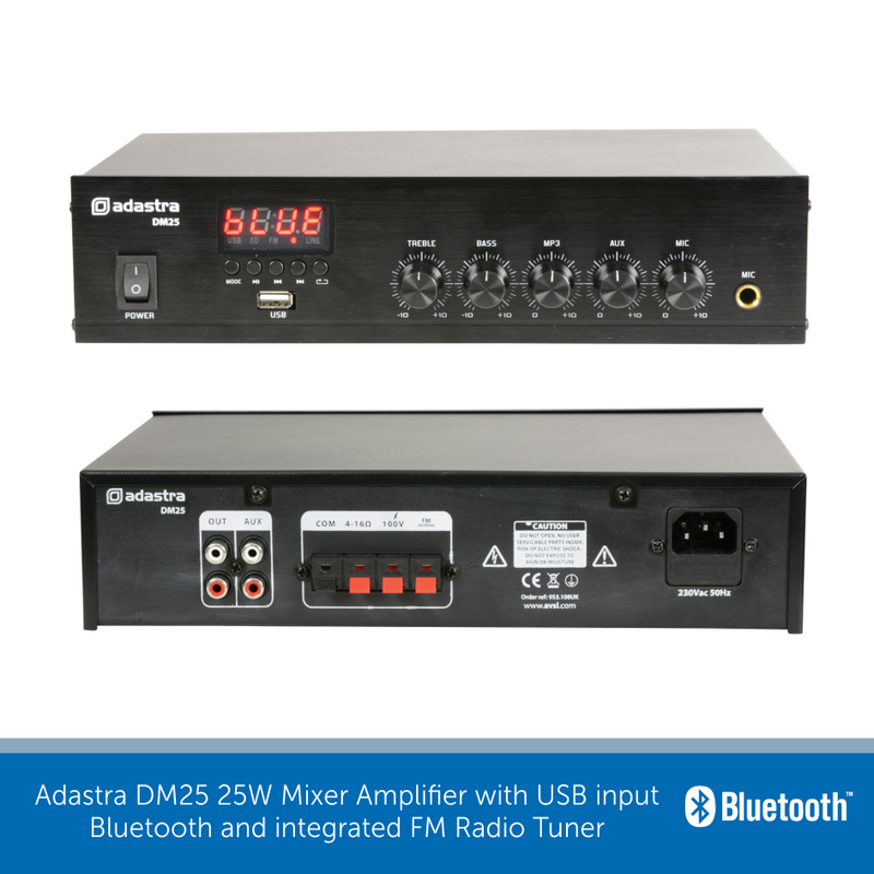 Adastra DM25 25W Mixer Amplifier with USB input, Bluetooth & integrated FM Radio Tuner