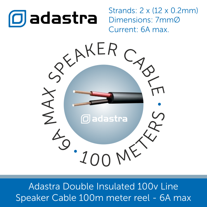 Adastra Double Insulated 100v Line Speaker Cable 100 meter reel Black 6A max