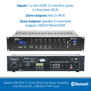 Showing the connections for a Adastra RM1202 2-Zone 100V Line Mixer Amplifier