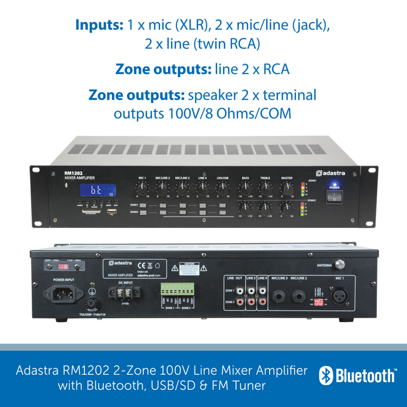 Showing the connections for a Adastra RM1202 2-Zone 100V Line Mixer Amplifier