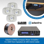 Adastra UM60 Compact Mixer-Amp, 4 x 15W Horn Speakers + Cable - FM Radio & USB Audio