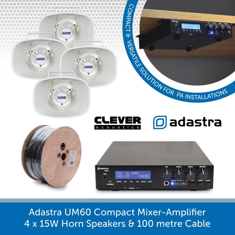 Adastra UM60 Compact Mixer-Amp, 4 x 15W Horn Speakers + Cable - FM Radio & USB Audio