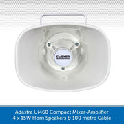 Adastra UM60 Compact Mixer-Amp, 4 x 15W Horn Speakers + Cable - FM Radio & USB Audio