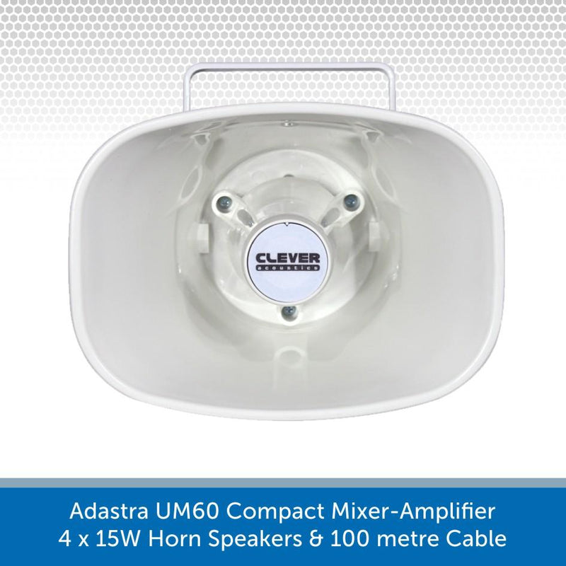Adastra UM60 Compact Mixer-Amp, 4 x 15W Horn Speakers + Cable - FM Radio & USB Audio