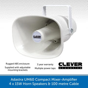 Adastra UM60 Compact Mixer-Amp, 4 x 15W Horn Speakers + Cable - FM Radio & USB Audio
