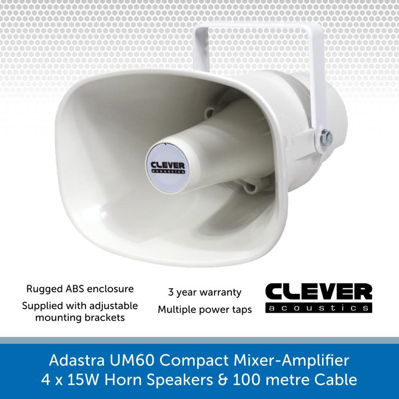 Adastra UM60 Compact Mixer-Amp, 4 x 15W Horn Speakers + Cable - FM Radio & USB Audio