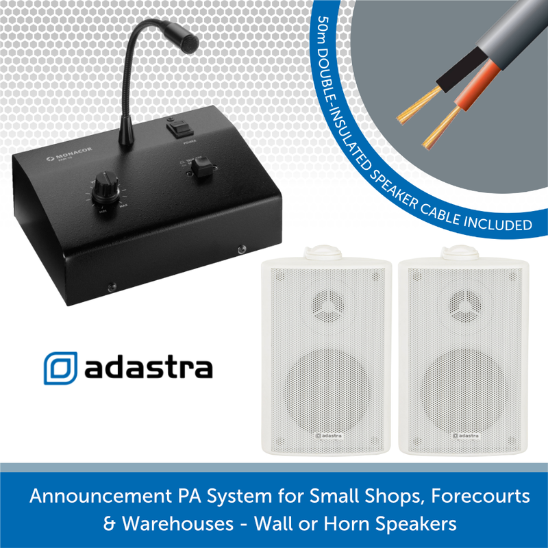 Announcement PA System for Small Shops, Forecourts & Warehouses - White Wall Speakers