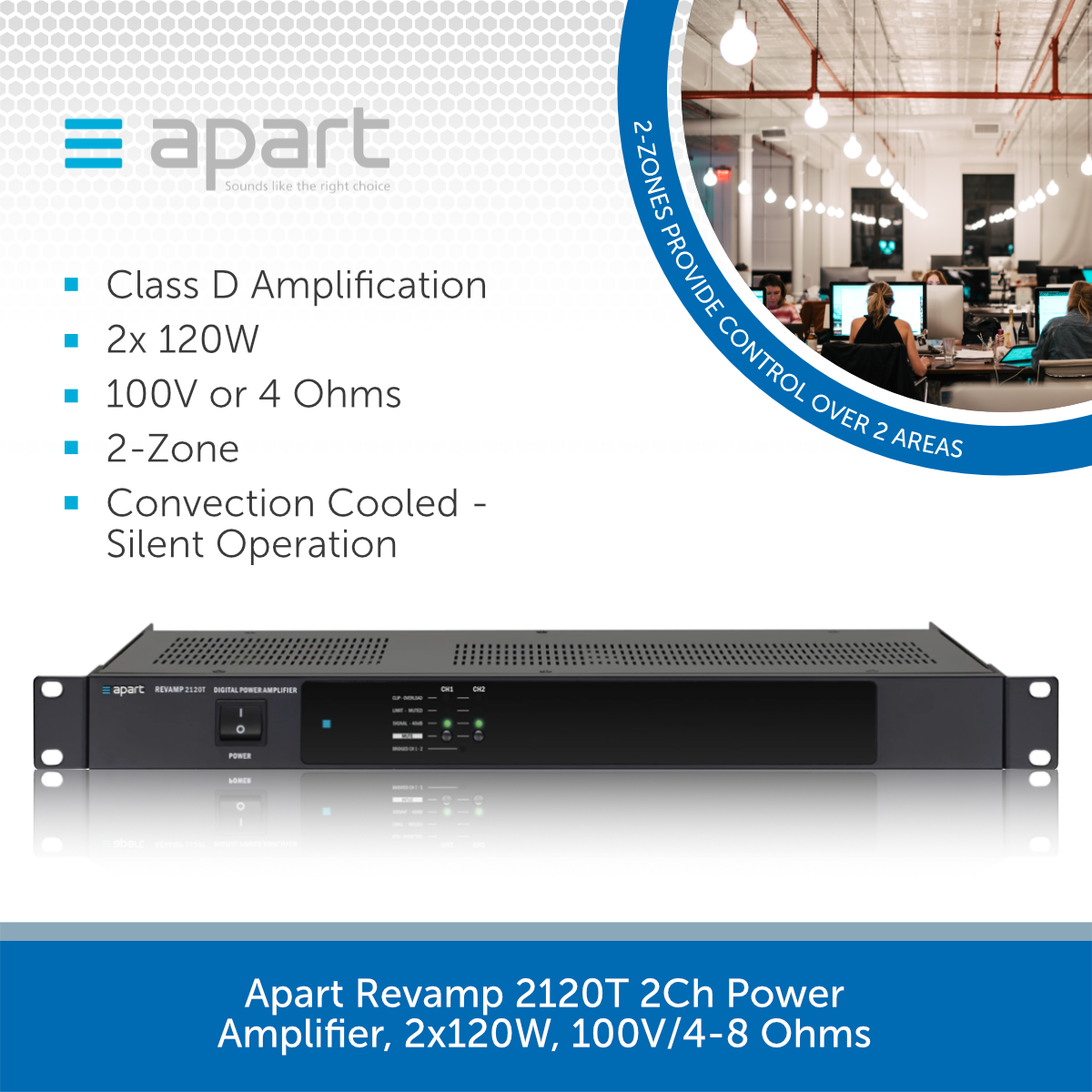 Apart Revamp 2120T 2Ch Power Amplifier, 100V/4-8 Ohms Audio Volt
