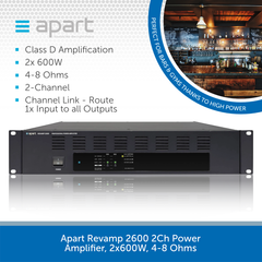 Apart Revamp 2600 2Ch Power Amplifier 2x600W, 4-8 Ohms