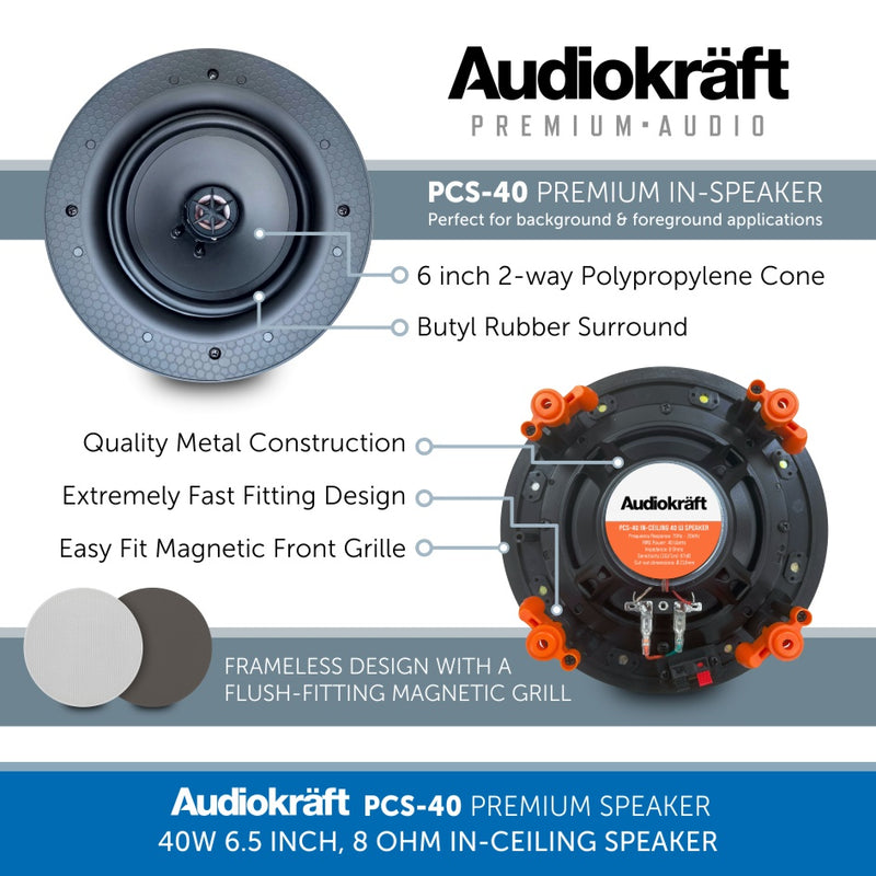 AudioKraft PCS-40 - Premium 40W 6.5 inch, 8 Ohm In-Ceiling Speaker