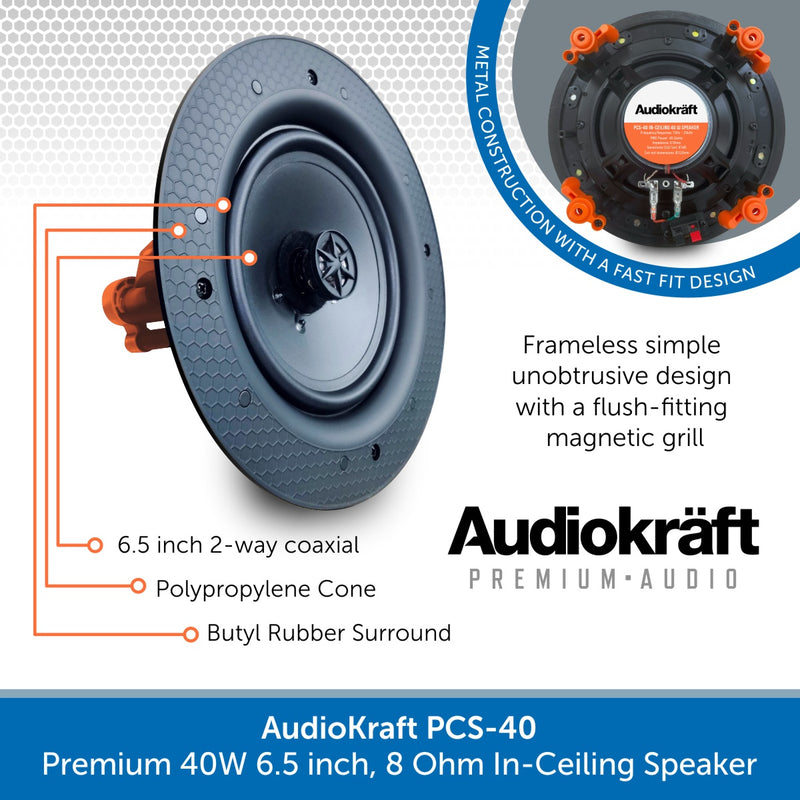 AudioKraft PCS-40 - Premium 40W 6.5 inch, 8 Ohm In-Ceiling Speaker - Easy to fit design