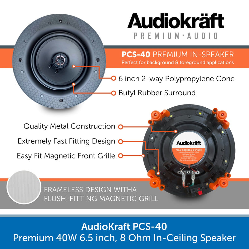 AudioKraft PCS-40 - Premium 40W 6.5 inch, 8 Ohm In-Ceiling Speaker - Easy to fit design