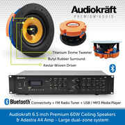 Audiokraft 6.5 inch Premium 60W Ceiling Speakers & Adastra A4 Amp - Dual-zone system