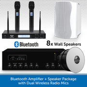 Bluetooth Amplifier + 8 White Speaker Package with Dual Wireless Radio Mics