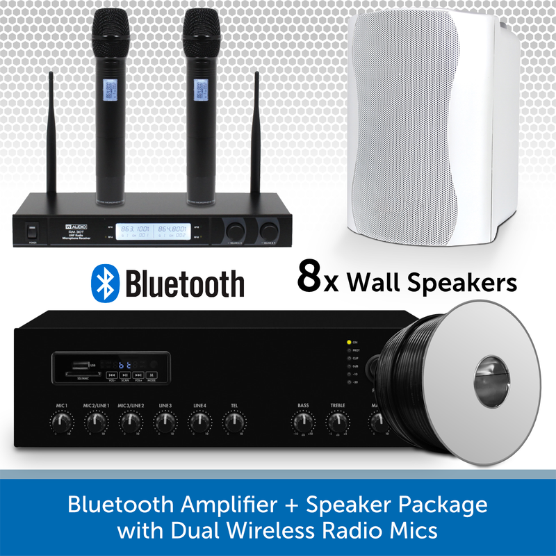 Bluetooth Amplifier + 8 White Speaker Package with Dual Wireless Radio Mics