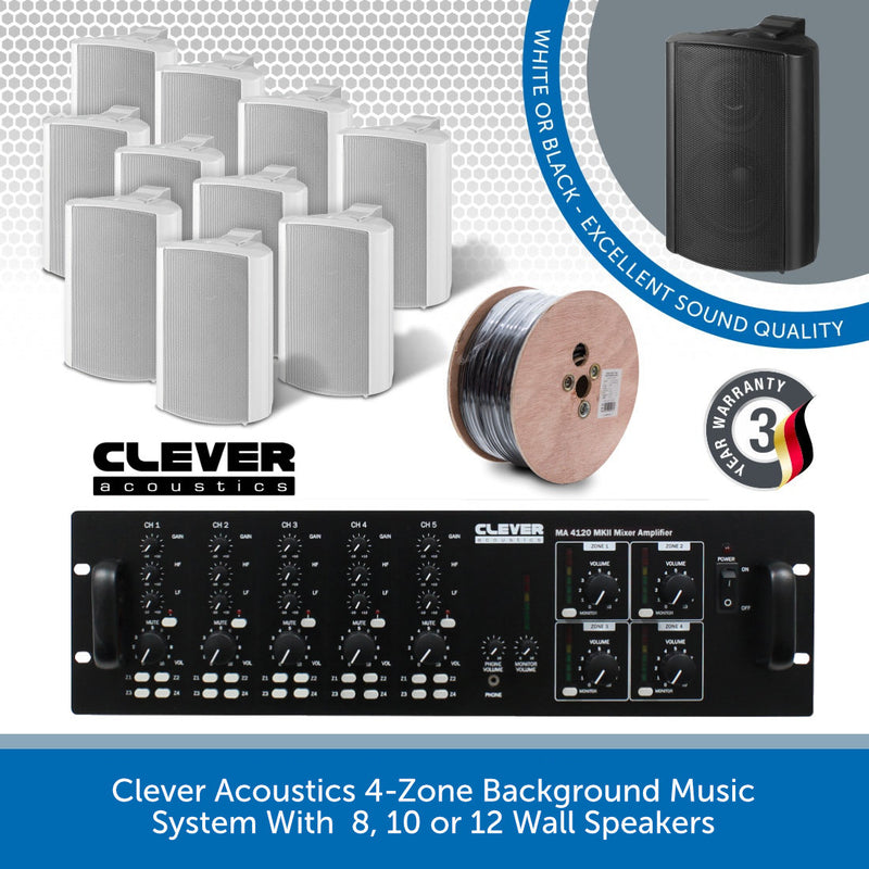 Clever Acoustics 4-Zone Background Music System With Volume & Source Selection - 8, 10 or 12 Wall Speakers