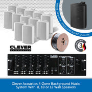 Clever Acoustics 4-Zone Background Music System With Volume & Source Selection - 8, 10 or 12 Wall Speakers