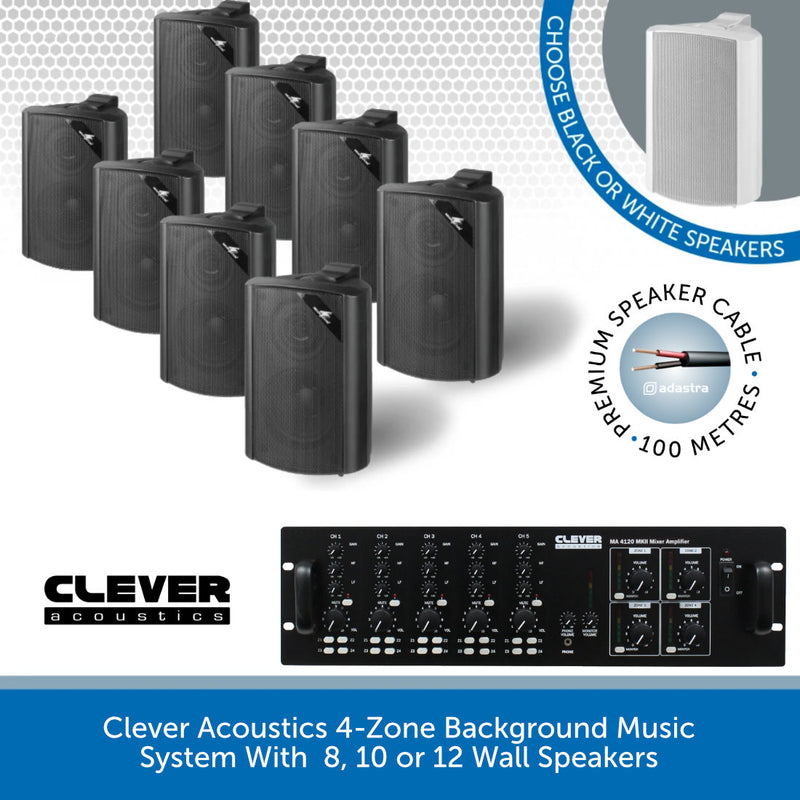 Clever Acoustics 4-Zone Background Music System With Volume & Source Selection - 8, 10 or 12 Wall Speakers