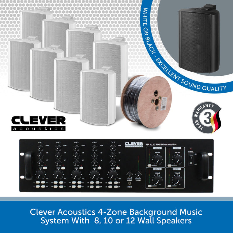 Clever Acoustics 4-Zone Background Music System With Volume & Source Selection - 8, 10 or 12 Wall Speakers