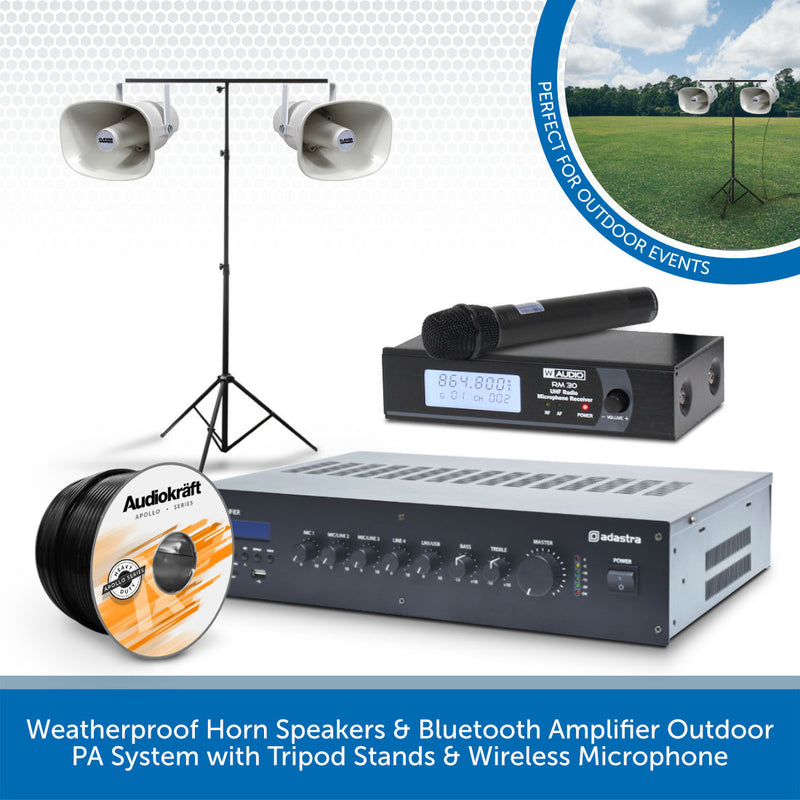 Weatherproof Horn Speakers & Bluetooth Amplifier Outdoor PA System with Tripod Stands & Wireless Microphone