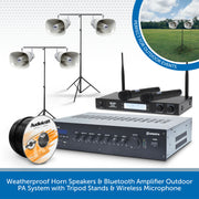 Weatherproof Horn Speakers & Bluetooth Amplifier Outdoor PA System with Tripod Stands & Wireless Microphone