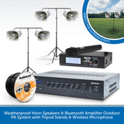 Weatherproof Horn Speakers & Bluetooth Amplifier Outdoor PA System with Tripod Stands & Wireless Microphone