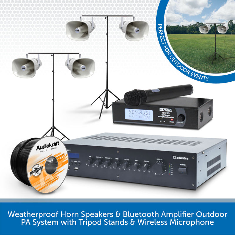 Weatherproof Horn Speakers & Bluetooth Amplifier Outdoor PA System with Tripod Stands & Wireless Microphone
