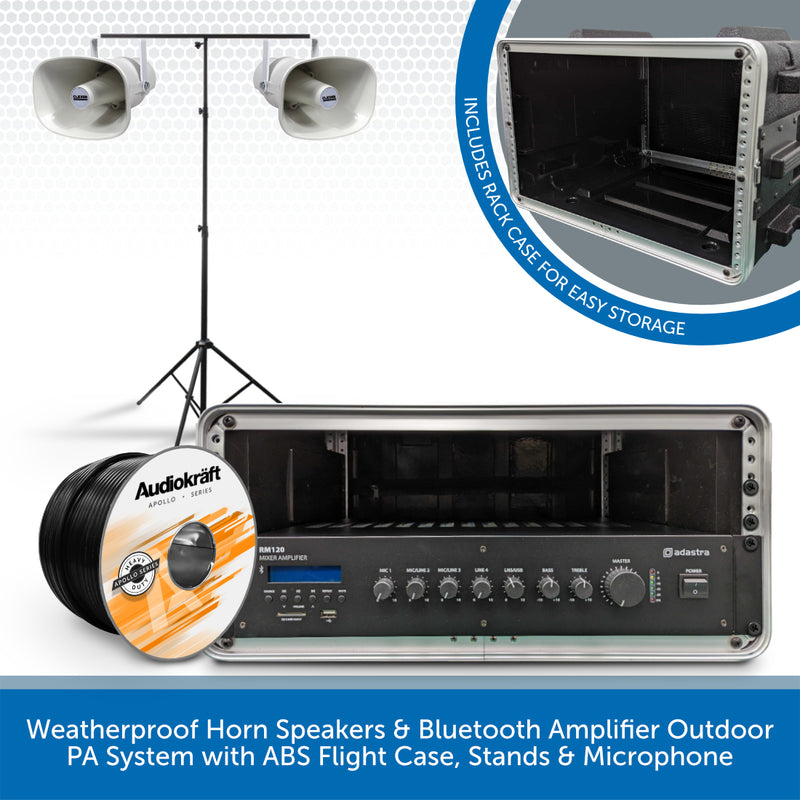 Weatherproof Horn Speakers & Bluetooth Amplifier Outdoor PA System with ABS Flight Case, Stands & Microphone