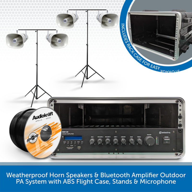 Weatherproof Horn Speakers & Bluetooth Amplifier Outdoor PA System with ABS Flight Case, Stands & Microphone