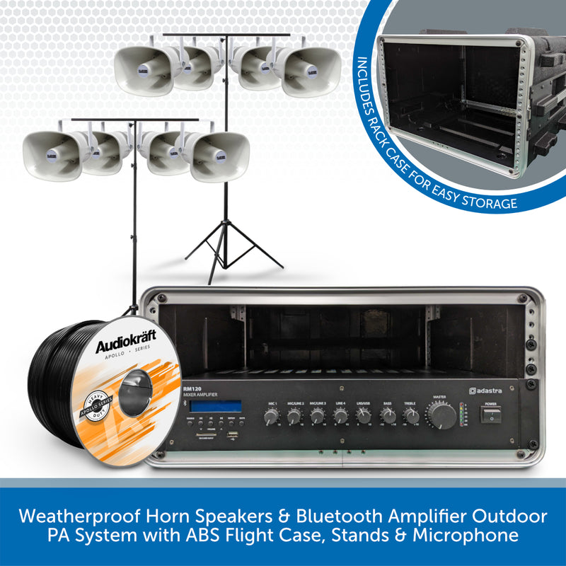 Weatherproof Horn Speakers & Bluetooth Amplifier Outdoor PA System with ABS Flight Case, Stands & Microphone