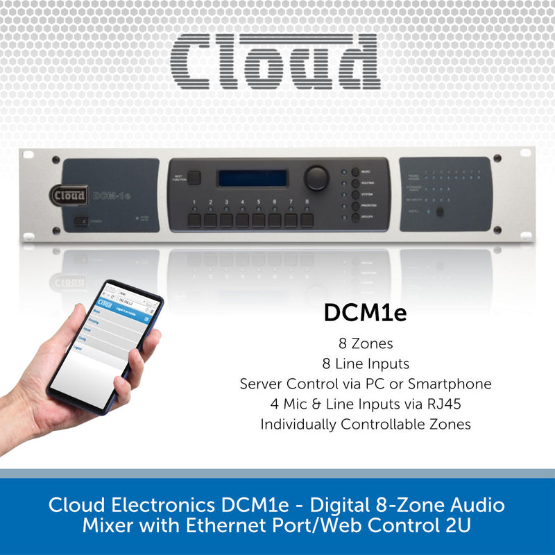 Cloud Electronics DCM1e - Digital 8-Zone Audio Mixer with Ethernet Port/Web Control 2U