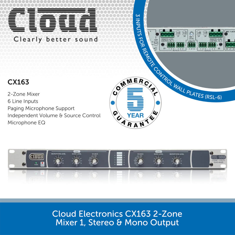Cloud Electronics CX163 2-Zone Pre Amp Mixer, 6-Line/1-Mic Inputs, 1U