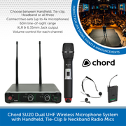 Chord SU20 Dual UHF Wireless Microphone System with Handheld, Tie-Clip & Neckband Radio Mics