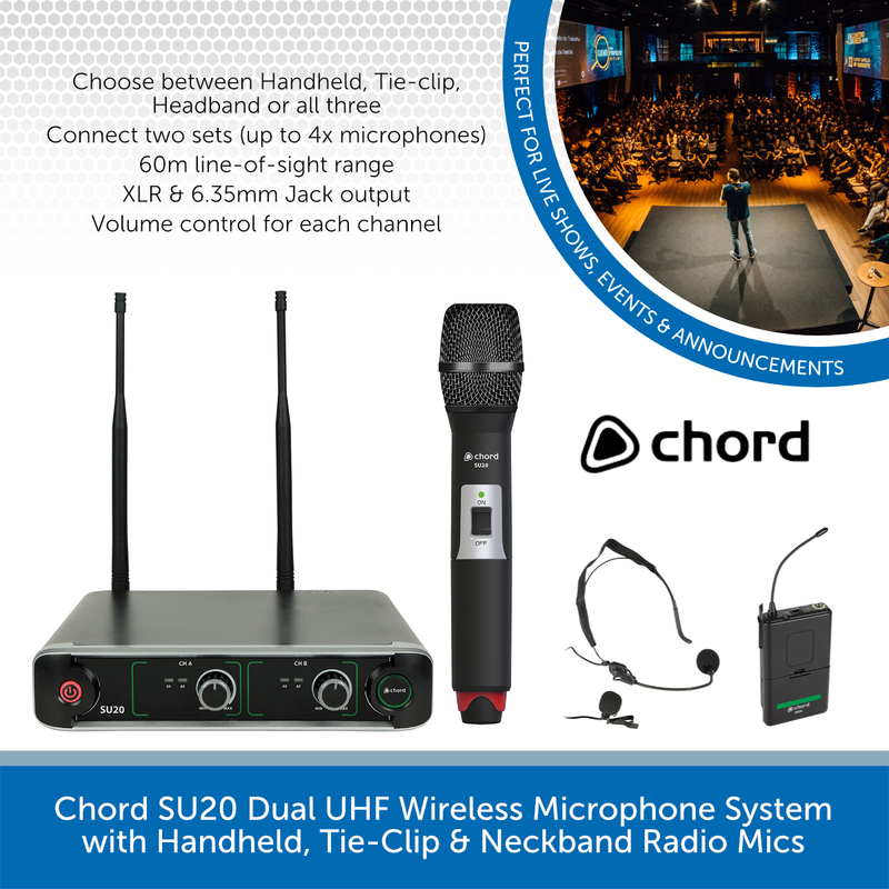 Chord SU20 Dual UHF Wireless Microphone System with Handheld, Tie-Clip & Neckband Radio Mics