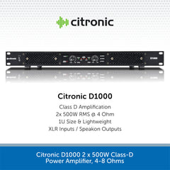 Citronic D1000 2 x 500W Class-D Power Amplifier, 4-8 Ohms