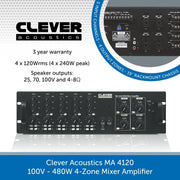 Clever Acoustics 4-Zone Background Music System With Volume & Source Selection - 8, 10 or 12 Wall Speakers