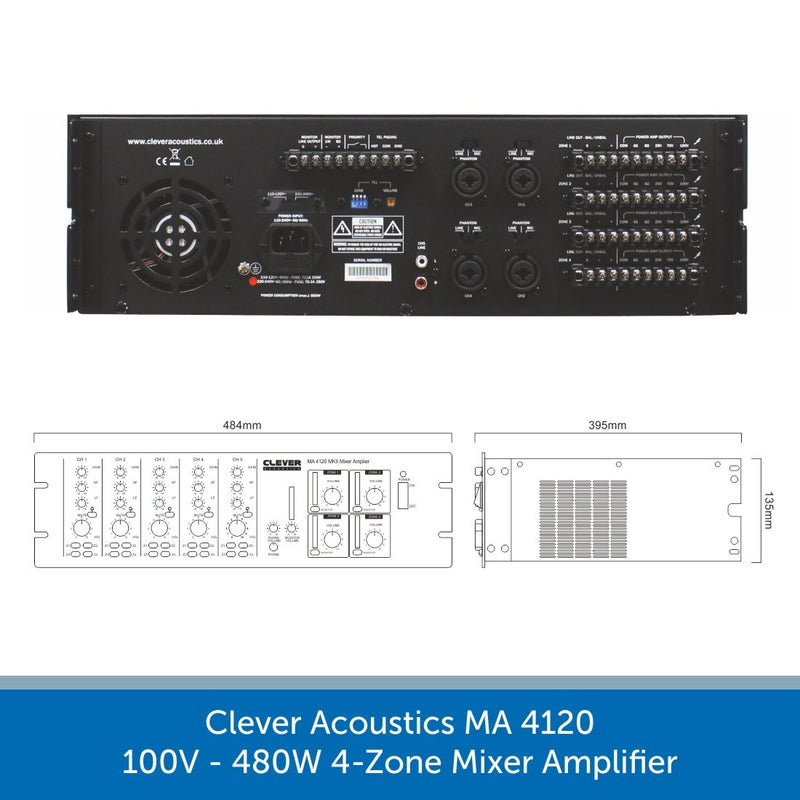 Clever Acoustics 4-Zone Background Music System With Volume & Source Selection - 8, 10 or 12 Wall Speakers