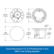 Dimensions for a Cloud Electronics CS-C3W & CS-C3B Professional 100V Line Ceiling Speaker