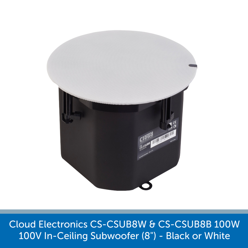 Available in white or black Cloud Electronics CS-CSUB8W & CS-CSUB8B Professional 100W/100V In-Ceiling Subwoofer (8")
