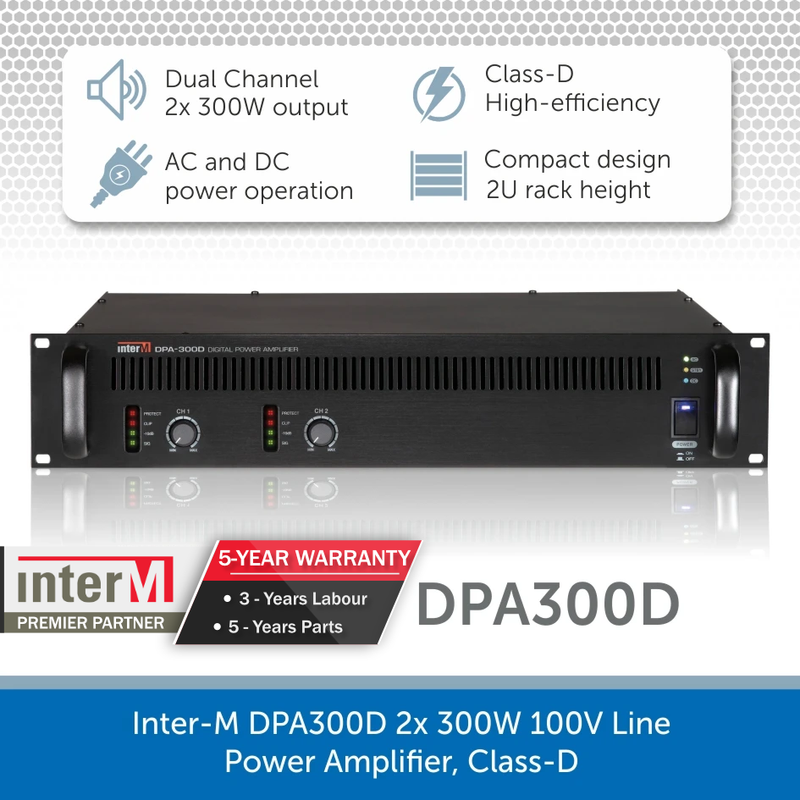 Inter-M DPA300D 2x 300W 100V Line Power Amplifier, Class-D - for professional PA, AV & background music installations