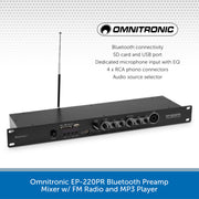 Omnitronic EP-220PR Bluetooth Preamp Mixer w/ FM Radio and MP3 Player