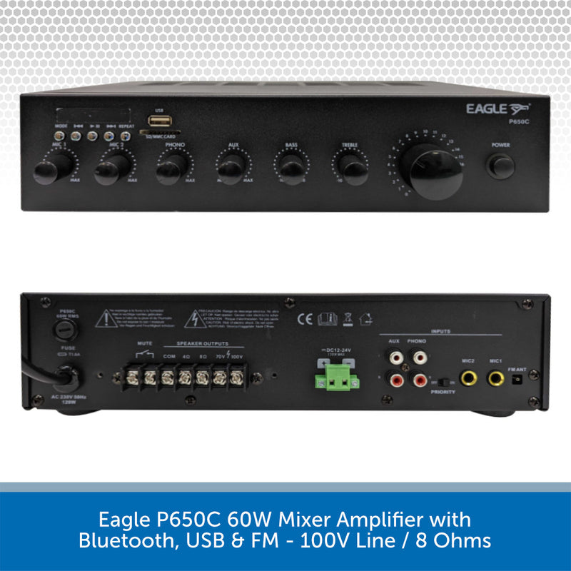 Compact Background Music System with Bluetooth, USB & FM Radio - Up to 6 x Wall Mount Speakers