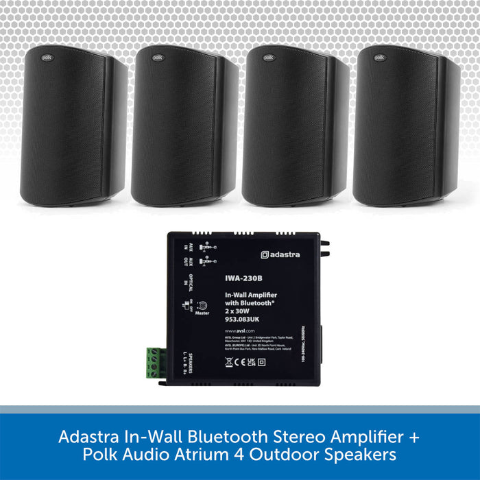 Adastra In-Wall Bluetooth Stereo Amplifier + 4x Polk Audio Atrium 4 Outdoor Speakers