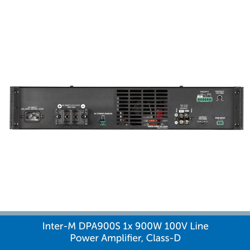 showing the back of a Inter-M DPA900S 1x 900W 100V Line Power Amplifier, Class-D