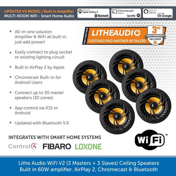 Lithe Audio WiFi V2 Multi Room Ceiling Speakers 3 Masters and 3 Slaves